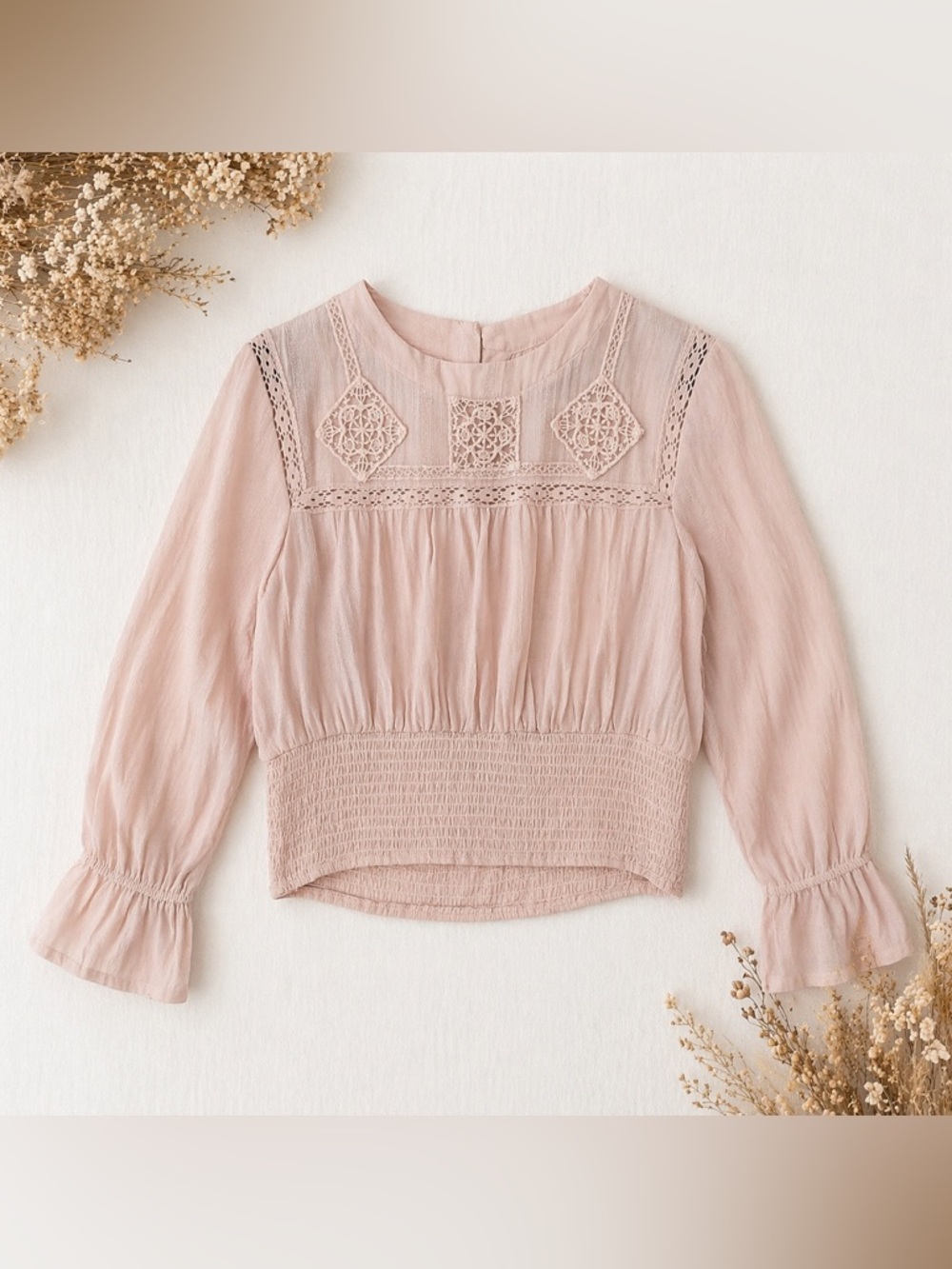 Coco + Jameson Blush Lace Smocked Boho Blouse Size Large Romantic Cottagecore